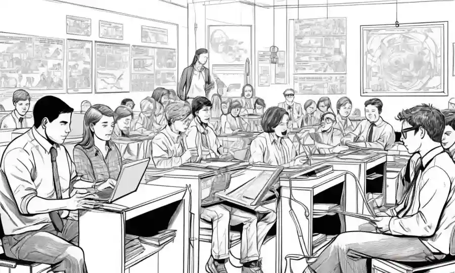 Diagrama conceptual que ilustra la relación simbiótica entre maestros, estudiantes y tecnología en la educación moderna.