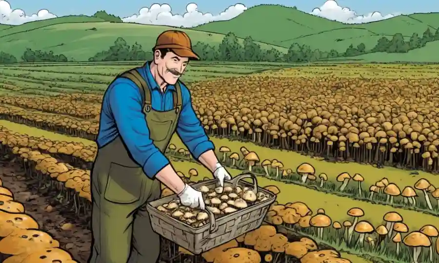 A farmer inspecting hongos in a sustainable agricultural field.