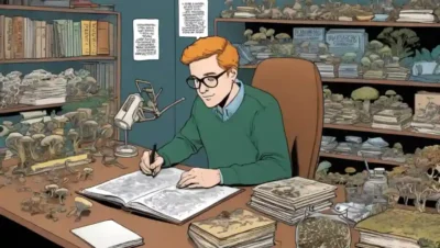 Investigación académica en un escritorio lleno de textos de micología y especímenes de hongos.