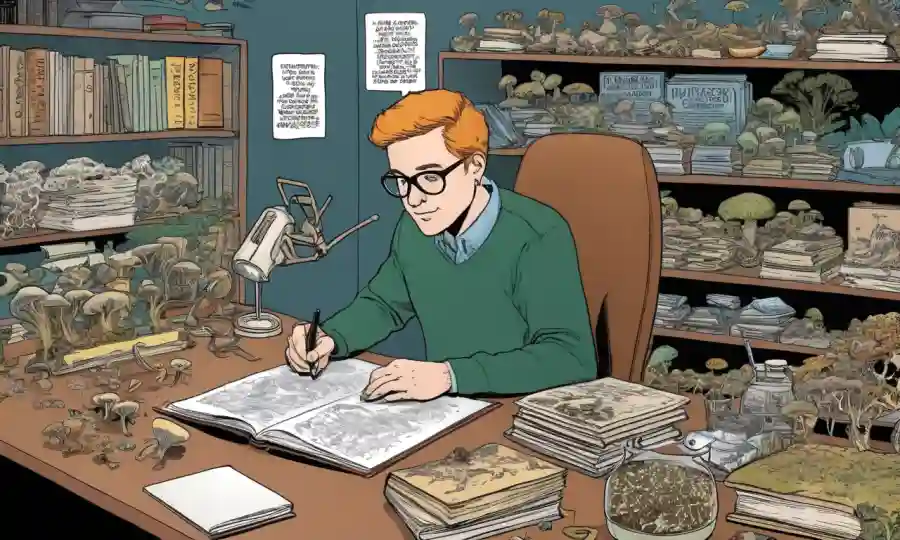 Investigación académica en un escritorio lleno de textos de micología y especímenes de hongos.