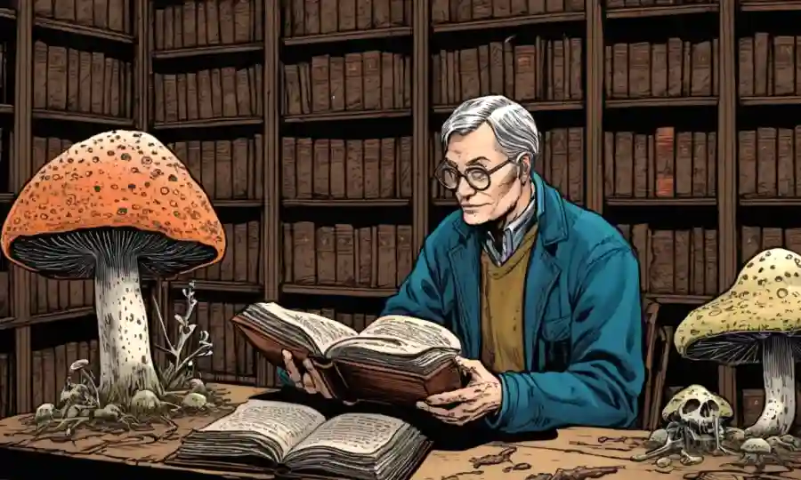 Un micólogo que estudia libros antiguos en una biblioteca con ilustraciones de crecimiento fúngico.