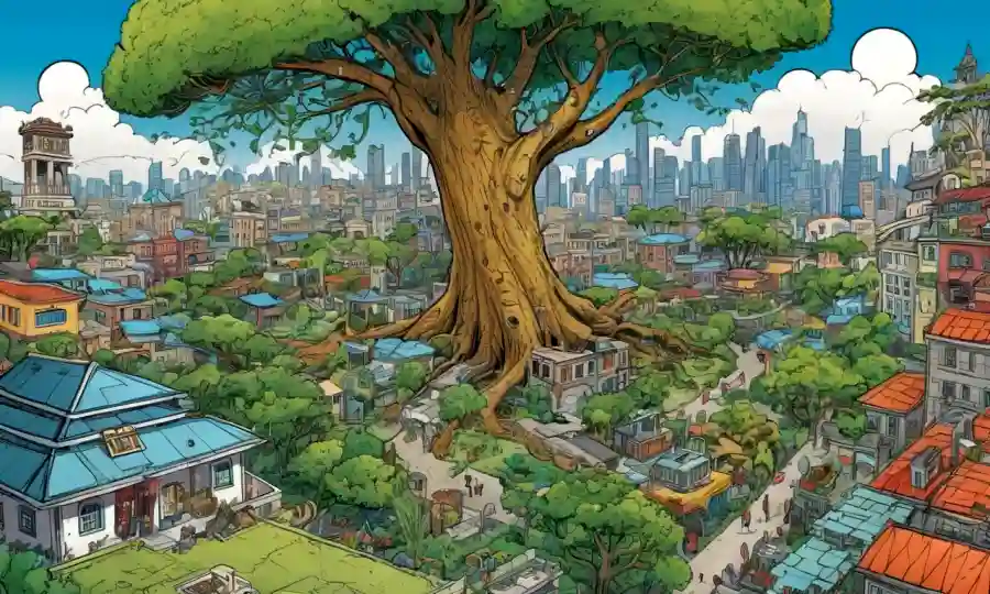 Ilustración de diversos organismos que viven juntos en armonía, con árboles antiguos y ciudades modernas que se mezclan en el fondo.