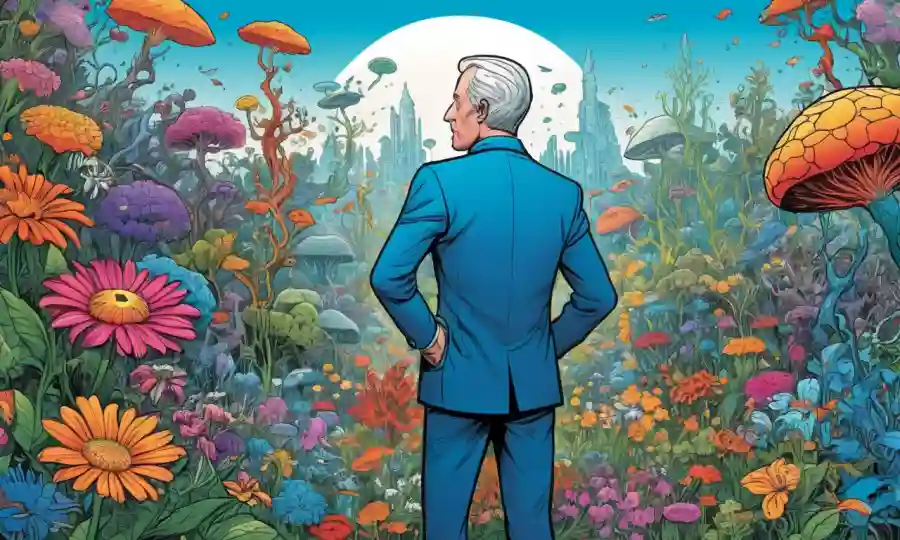 Un pensador parado frente a un ecosistema vibrante con organismos interconectados y flores que simbolizan la simbiosis.