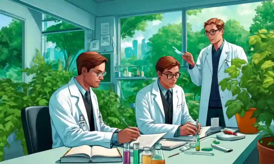 Científicos en capas de laboratorio estudiando y discutiendo muestras de investigación rodeadas de vegetación.
