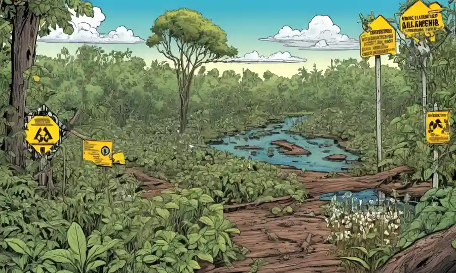 Imágenes de plantas no nativas invadiendo ecosistemas junto con señales de advertencia sobre los riesgos de daño o extinción.