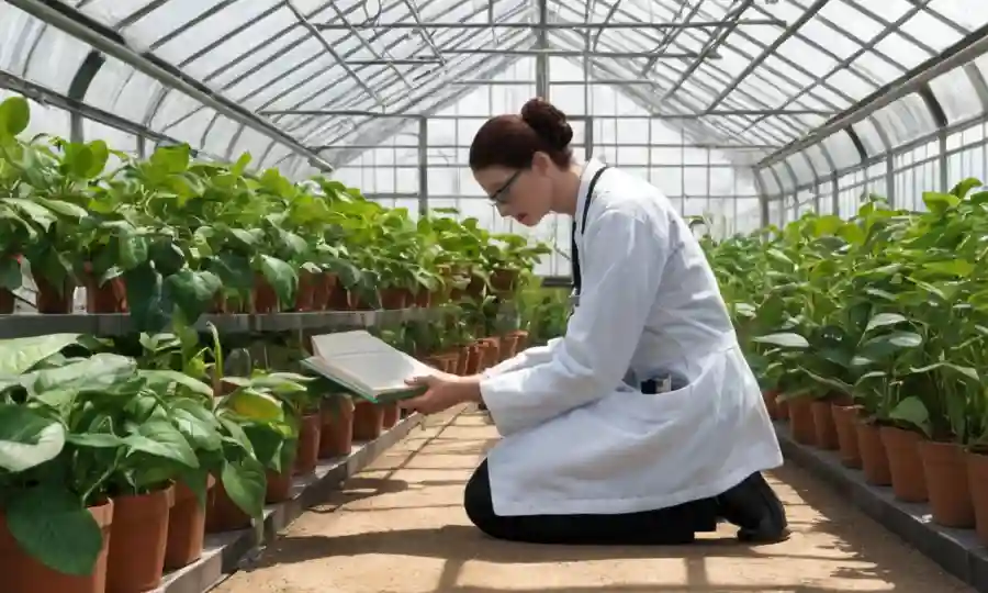 Científico o investigador arrodillado cerca de plantas en un invernadero con libros de investigación.