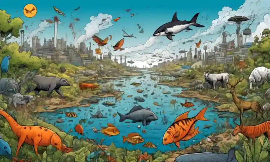 Ilustración de especies interconectadas rodeadas de símbolos de contaminación entre ecosistemas naturales.
