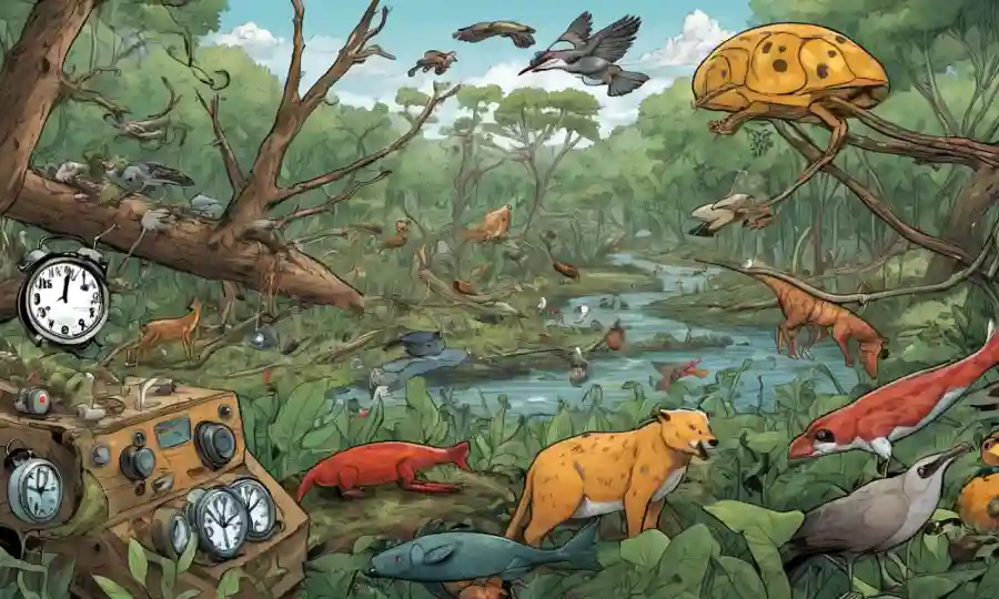 Ilustración de especies interconectadas en un ecosistema con señales de advertencia y relojes de alarma.
