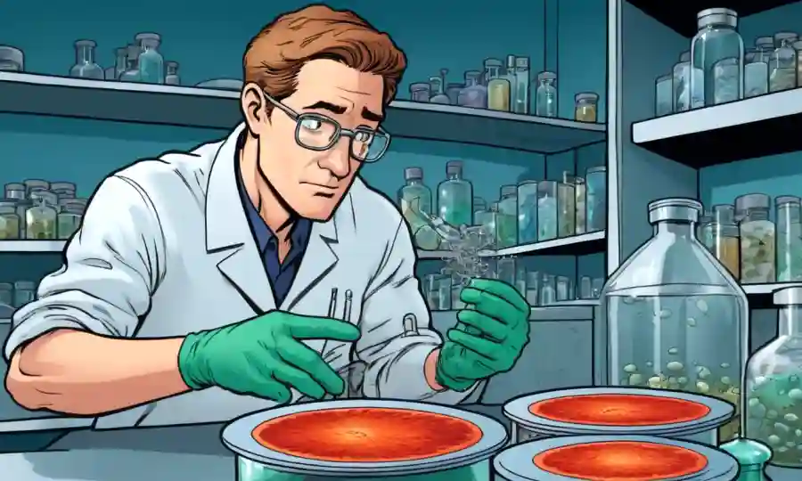 Científico que examina hongos de platillo petri en el laboratorio.