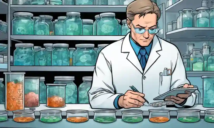 Científico en un laboratorio que examina los platos petri con culturas fúngicas y notas sobre prevención.