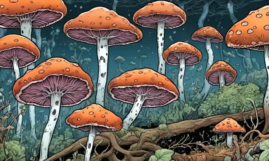 Imagen científica de células hongos con ilustraciones animales en el fondo.