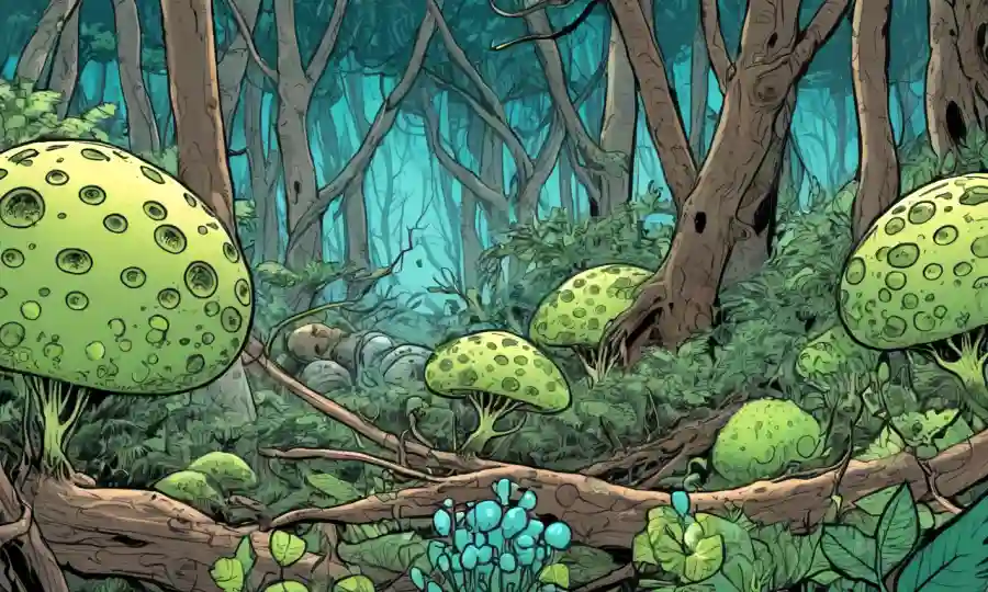 Microorganismos formando redes simbióticas en ecosistemas forestales.