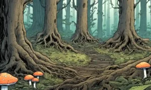 Ecosistema forestal con redes de hongos que se extienden entre raíces de árboles.
