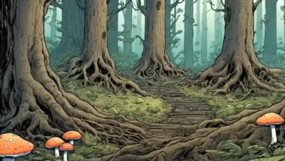 Ecosistema forestal con redes de hongos que se extienden entre raíces de árboles.