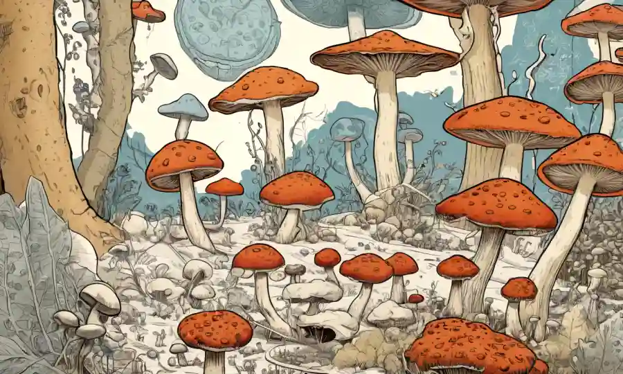 Ilustración de hongos y su papel en los procesos de fermentación, rodeado de esquemas microbiológicos.