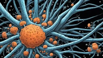 Una imagen de microscopio que muestra hifa de hongos con compuestos volátiles que rodean.
