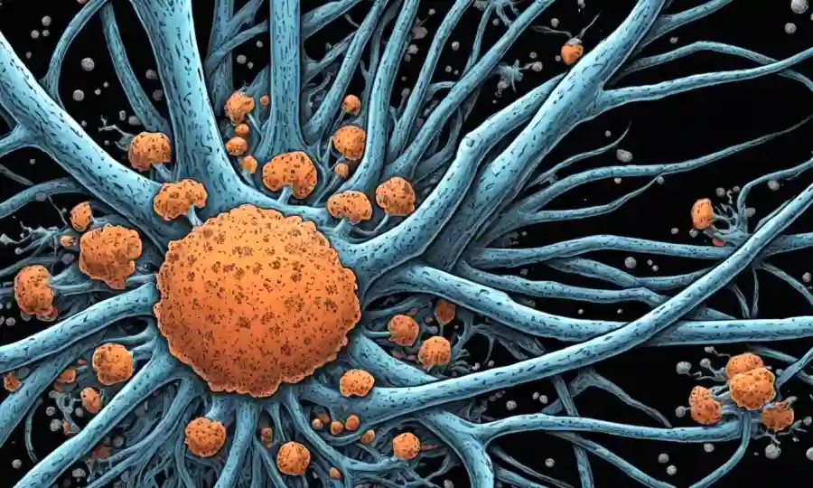 Una imagen de microscopio que muestra hifa de hongos con compuestos volátiles que rodean.