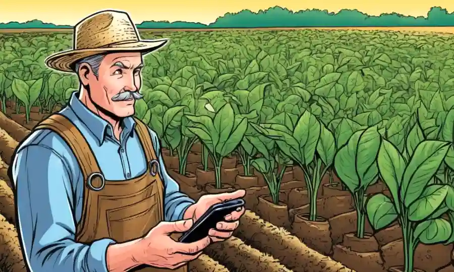 Un agricultor que sostiene una planta con un teléfono inteligente mostrando datos en la pantalla.