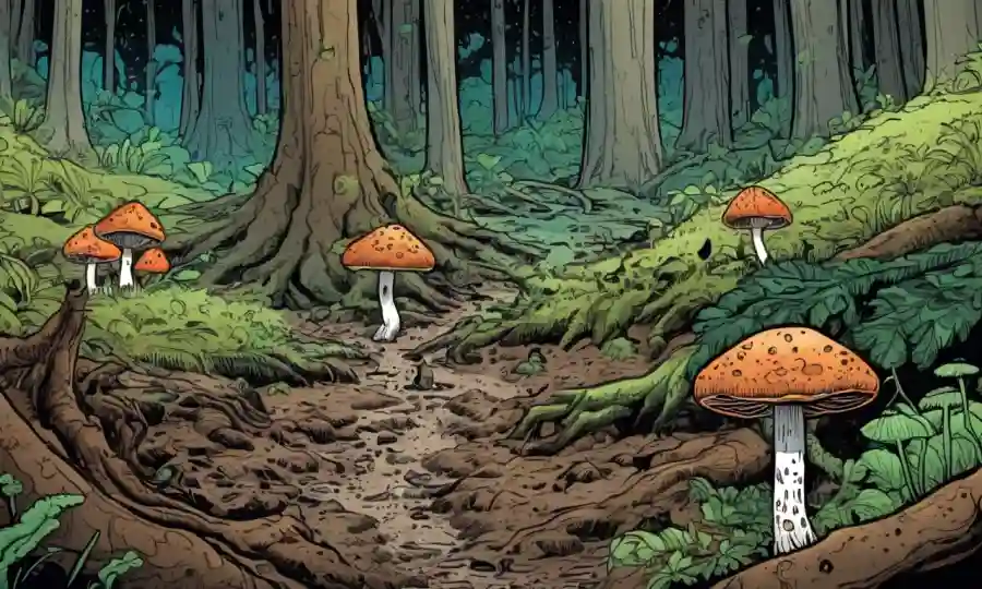 hongos microscópicos que crecen bajo suelos forestales exuberantes