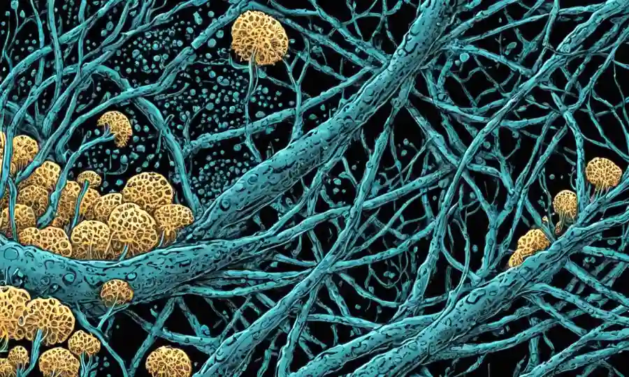 Ilustración de miconetwork destacando el hifa de hongos microscópicos derribando contaminantes.