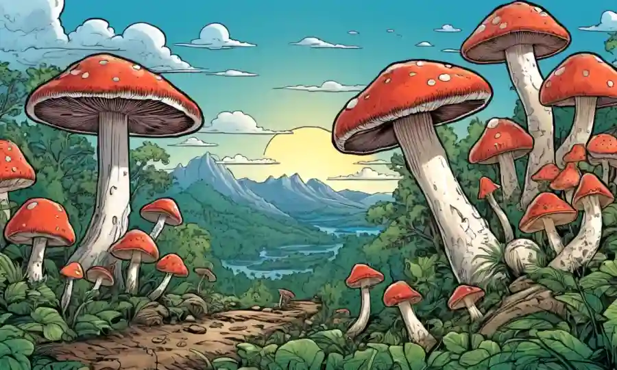 Relación simbiótica entre hongos y entorno natural con ilustraciones de beneficios.
