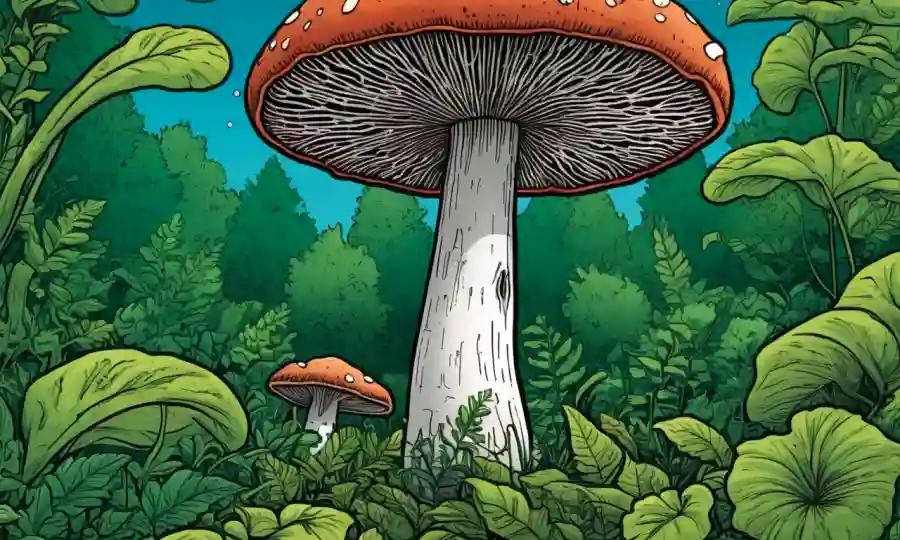 Un hongo rodeado de vegetación exuberante, representando la conexión entre micelium y sostenibilidad ambiental.