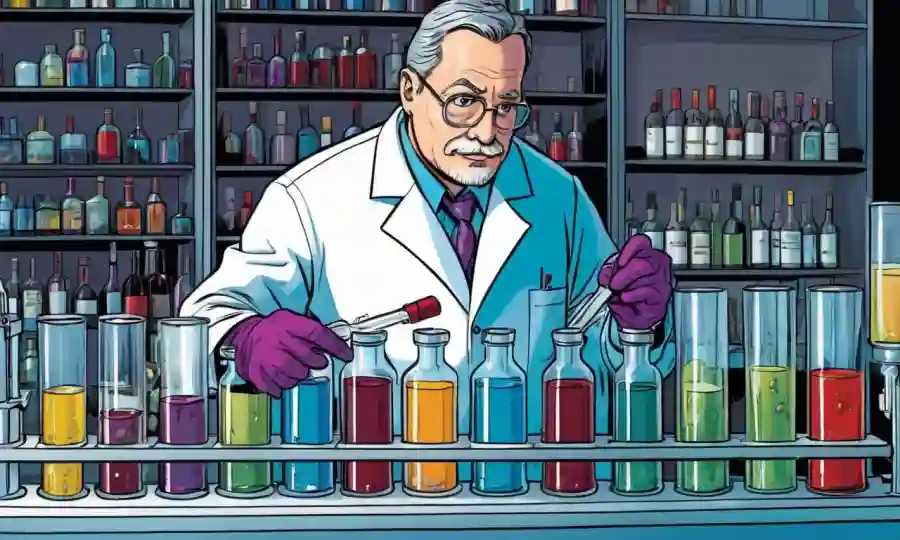 Un científico de laboratorio que examina tubos de ensayo que contienen vino u otros productos fermentados.