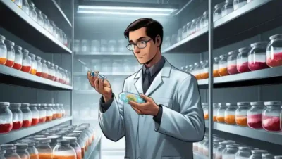 Un científico de laboratorio que examina los platos petri que contienen diferentes culturas en una instalación de fermentación.