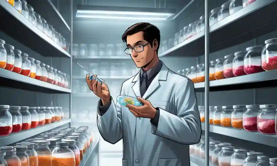 Un científico de laboratorio que examina los platos petri que contienen diferentes culturas en una instalación de fermentación.