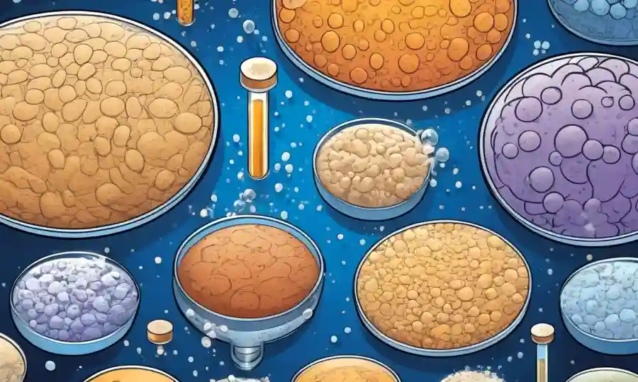 Un diagrama que muestra diferentes variedades de levadura, con burbujas de fermentación y tubos de prueba en el fondo.