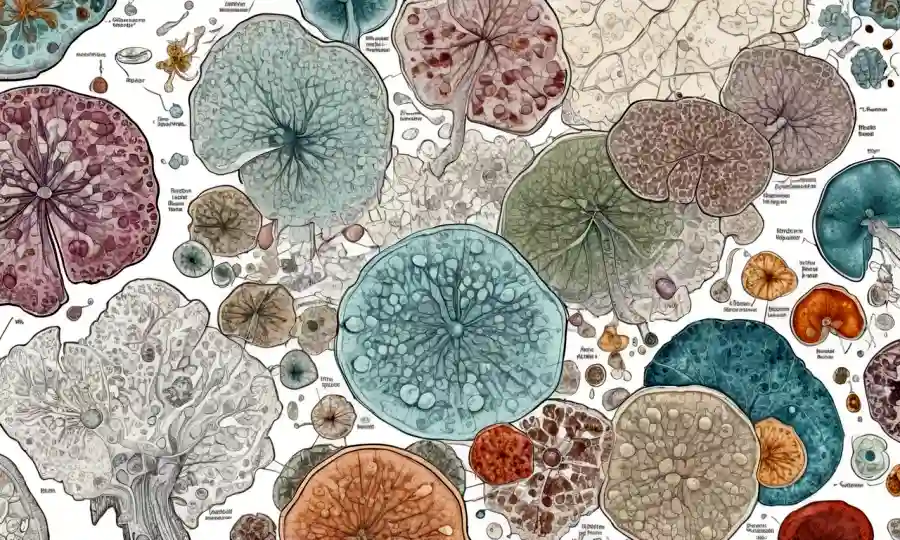 Una imagen de microscopio de diversas células hongos superpuestas con gráficos científicos y diagramas.
