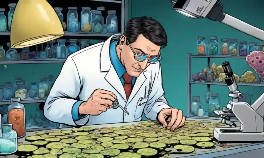 Científico en laboratorio examinando varias muestras de hongos bajo microscopio.
