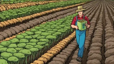 Farmer sostiene un paquete de muestra en medio de diversas filas de plantas con crecimiento fúngico.