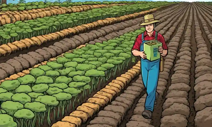 Farmer sostiene un paquete de muestra en medio de diversas filas de plantas con crecimiento fúngico.