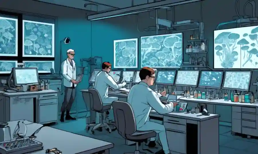 Investigadores que estudian biología de hongos en un laboratorio con diversos equipos y pantallas de datos.