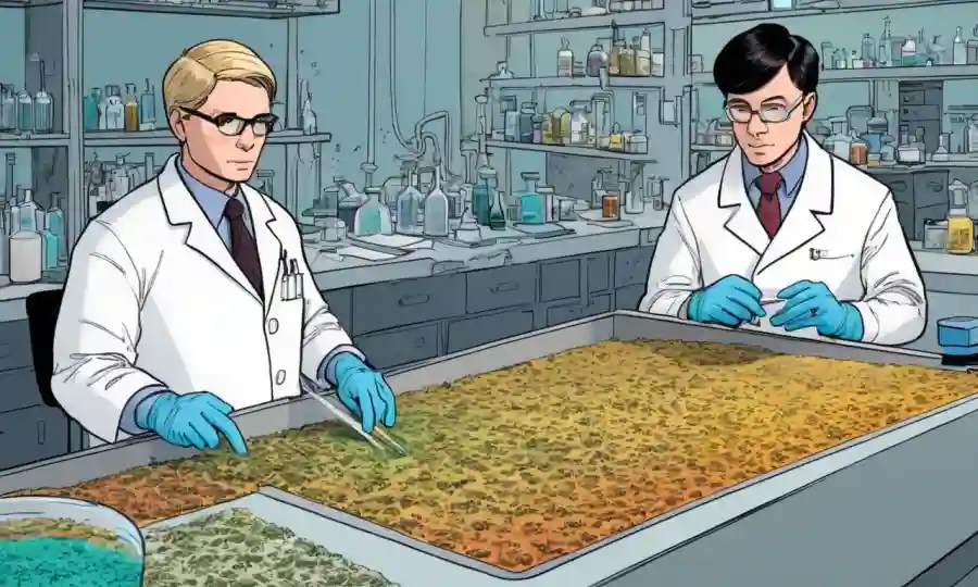 Investigadores que examinan muestras de biomasa fúngica en un entorno de laboratorio.