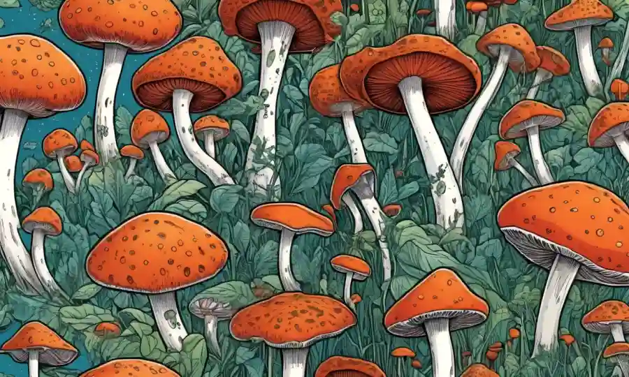 Una red de hongos interconectados que ilustran la colaboración interdisciplinaria con diversos investigadores en laboratorios.