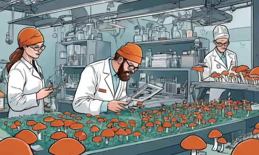 Investigadores científicos en un laboratorio analizando hongos y ecosistemas sostenibles.
