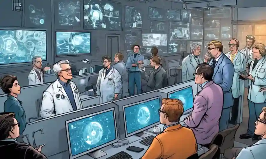 Científicos e investigadores se reunieron alrededor de pantallas mostrando conceptos tecnológicos emergentes.