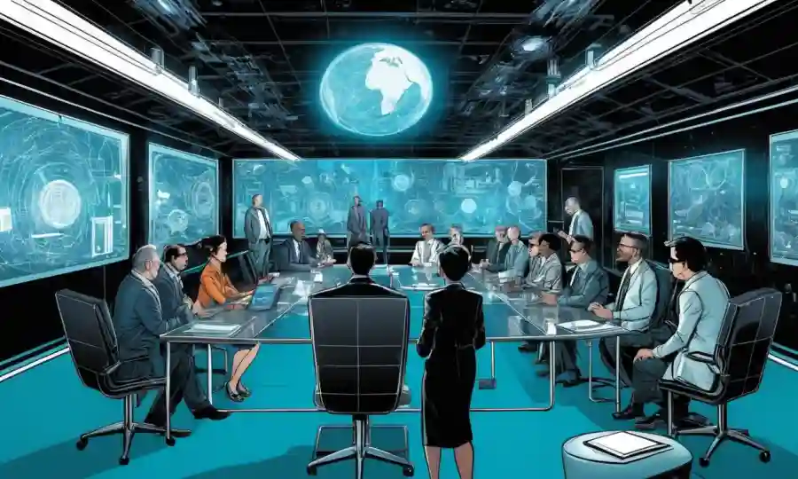 Investigadores que presentan ideas tecnológicas innovadoras en un entorno de conferencia futurista.