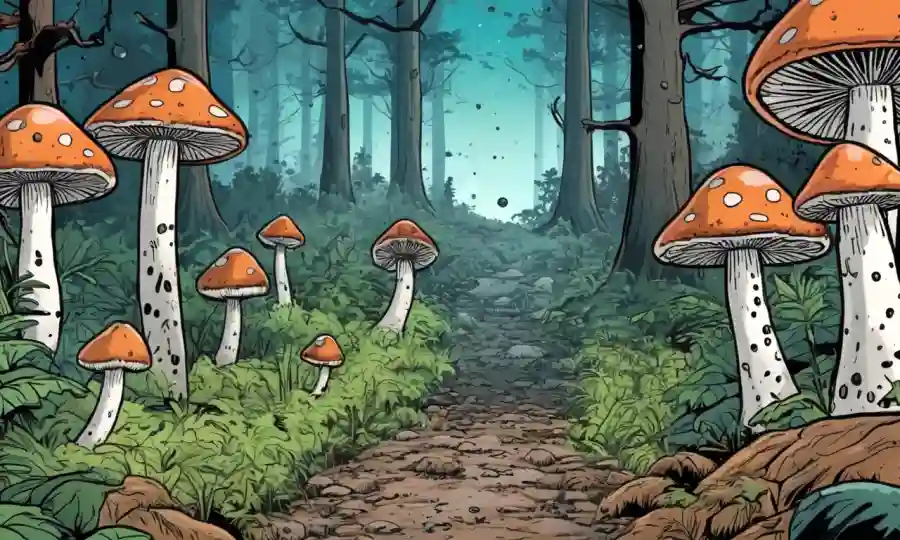 Esporas de hongos que se extienden a través de un suelo forestal con datos ambientales y gráficos circundantes.