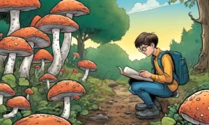 Una persona que estudia crecimientos de hongos en la naturaleza.