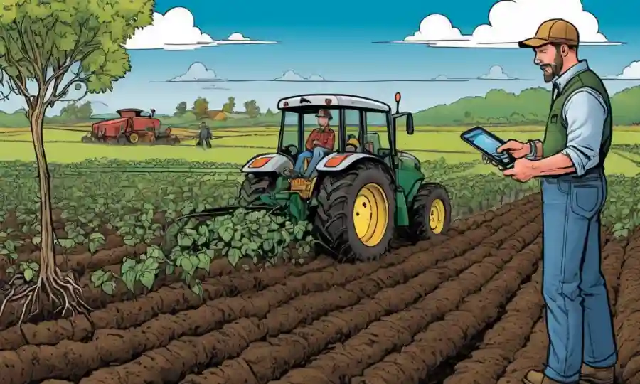Los agricultores que utilizan sensores para monitorear la salud del suelo con cultivos en el fondo.