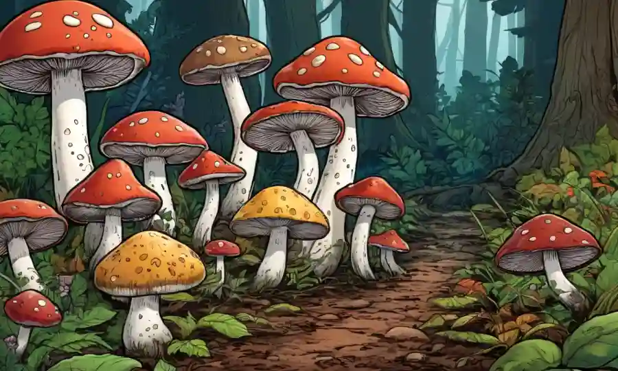 Setas creciendo en planta forestal con varias especies etiquetadas.