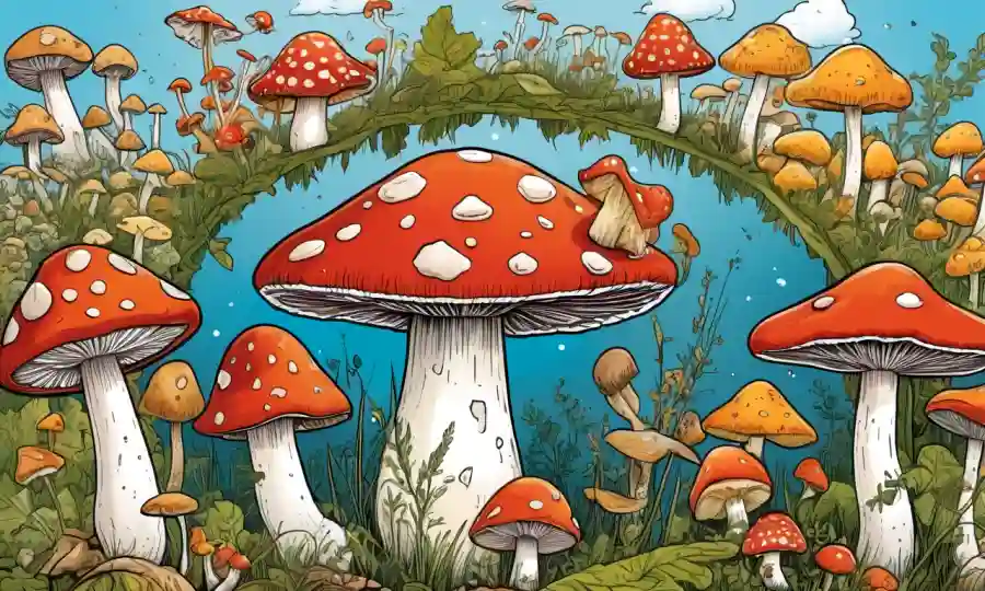 Un calendario que muestra variedades de hongos por temporada, rodeado de ilustraciones relevantes de cada tipo.