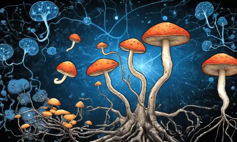 Ilustraciones de hongos rodeadas de ecuaciones, con neuronas y ondas cerebrales en el fondo, destacando interacciones de compuestos bioactivos.