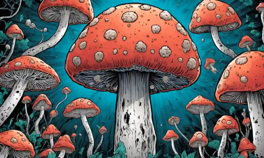 Una persona mirando un hongo con células cerebrales o neuronas que la rodean.