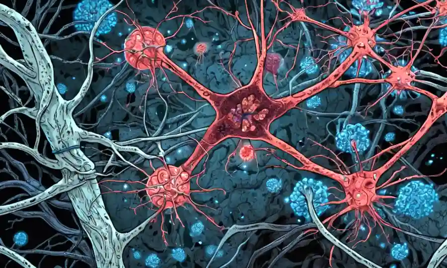 Un microscopio que muestra filamentos fúngicos (setae) entrelazados con neuronas