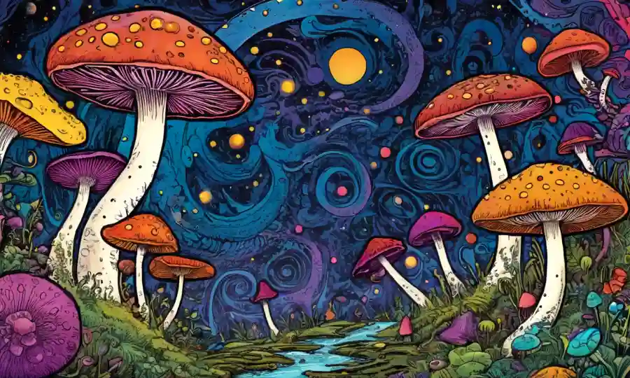 Los hongos que amorfocan con efectos psicodélicos y colores giratorios rodean el texto del título.