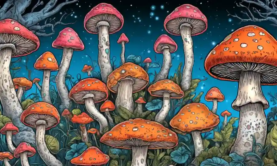 Setas con efectos psicodélicos ilustrados en neuronas cerebrales, con reacciones corporales y fórmulas químicas.